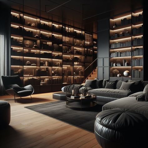 Black Mansion Aesthetic, Vip Lounge Design Luxury, Dark Home Library, Modern Library Room, Black House Interior Design, Black Luxury House, Mafia House Aesthetic, Dark Library, Black Library