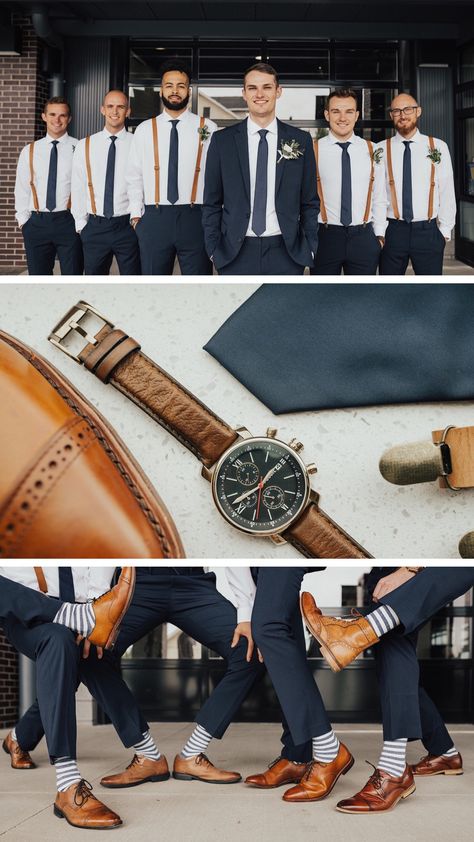 Rust And Navy Groomsmen Attire, Navy Mens Wedding Attire, Navy And Copper Groomsmen, Outdoor Summer Wedding Groomsmen Attire, Navy Blue Tux With Terracotta, Groom Socks Wedding, Teal And Rust Groomsmen, Navy Blue Grey And Burnt Orange Wedding, Groomsmen Tux Colors