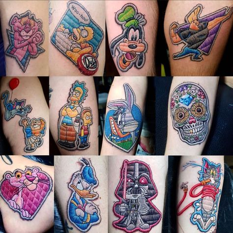 Patch Style Tattoo, Sticker Style Tattoo, Patch Tattoo Style, Patch Tattoo Ideas, Embroidery Tattoo Ideas, Patches Tattoo, Patch Tattoo, Science Tattoo, Tattoo Artists Near Me