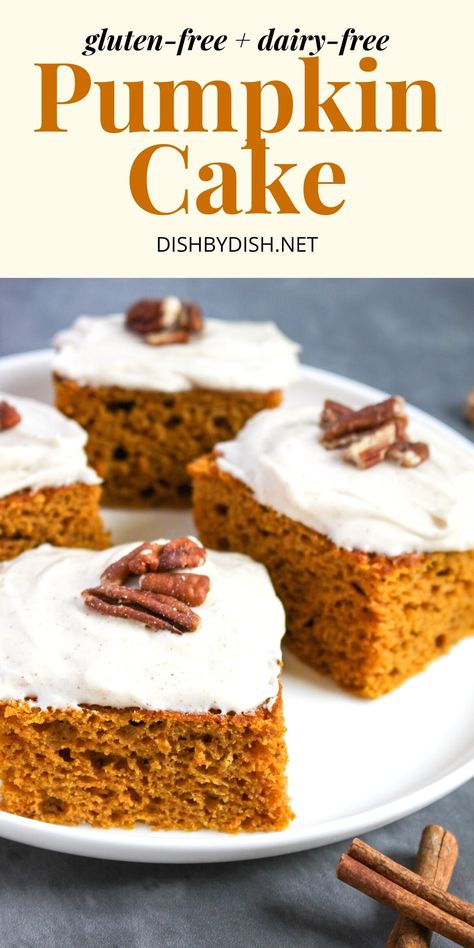 Tender and moist, this easy gluten-free pumpkin cake is filled with pumpkin flavor and topped with a delicious cinnamon cream cheese frosting. A delicious sweet snack or dessert for the fall, this pumpkin spice cake is sure to be a favorite! Totally dairy-free too. Dairy Free Pumpkin Cake, Pumpkin Coffee Cake Recipes, Gluten Free Pumpkin Cake, Gluten Free Pumpkin Recipes, Gluten Free Cake Mixes, Pumpkin Cookie Recipe, Cinnamon Cream Cheese, Pumpkin Muffin Recipes, Pumpkin Coffee Cakes