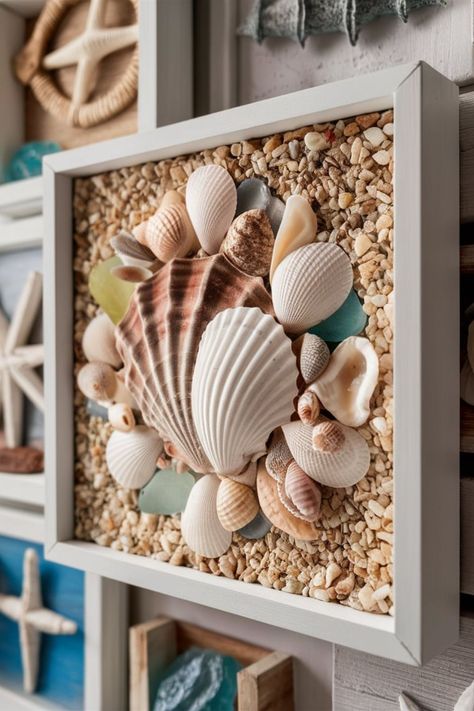 25 DIY Seashell Crafts [Make Within Minutes] – craftydiyers.com Display Sea Shells Ideas, Diy Beach Shells Craft Ideas, Shell And Driftwood Art, How To Make A Seashell Wreath, Art With Sea Shells Diy Ideas, Project With Sea Shells, Diy Shell Decor Ideas, Shell Frames Ideas, Sea Shell Frames Diy