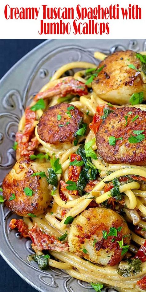 Creamy Tuscan Spaghetti with Jumbo Scallops – DELICIOUSLY COOKING Scallops Spaghetti, Pasta With Scallops, Tuscan Spaghetti, Easy Seafood Dinner, Seafood Spaghetti, Seafood Scallops, Dinner Noodles, Sea Ideas, Easy Seafood