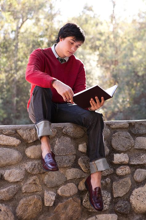 Student Reading Book and Sitting on Stone Wall by Michael Hevesy Reading Book Pose Drawing Reference, Reading A Book Pose Drawing, Student Reading Book, Preppy Pullover, Book Reference, Suit Sweater, Reference Pose, Sitting Poses, Body Reference Poses