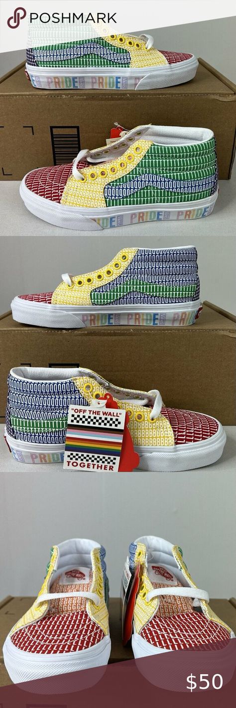 Vans SK8-Mid Pride LGBTQ Shoes Multi-Color Women's Size 5.5 Men's 4 Lgbtq Shoes, Colorful Vans, Vans Sk8 Mid, Vans Logo, Vans Sk8, Vans Shoes, Top Shoes, Skateboarding, Canvas Material