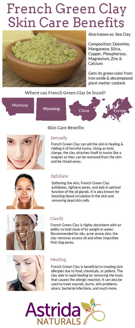 The benefits of adding French Green Clay into your skin care routine. Find out more here! http://www.astridanaturals.com/french-green-clay-skin-care-benefits #frenchgreenclay #clay #skincare #oilyskin #skin #infographic #astridanaturals French Clay Mask, Skin Infographic, Hoodoo Herbs, French Green Clay Soap, Diy Toiletries, Holistic Skincare, Skin Care Center, Skincare For Oily Skin, Homemade Moisturizer