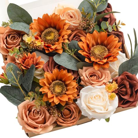 Halloween Theme Decoration, Diy Wedding Bouquets, Diy Flower Boxes, Orange Sunflowers, Different Types Of Flowers, Making A Bouquet, Artificial Flowers Wedding, Diy Wedding Bouquet, Real Touch Flowers