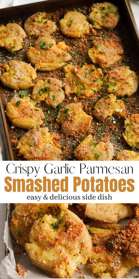 Crispy Garlic Parmesan Smashed Potatoes are made with only a few, simple ingredients - baby potatoes, fresh garlic, olive oil, and parmesan cheese. They're soft & fluffy in the middle, crispy on the edges, and oven baked to golden perfection. A perfect quick, easy, and flavorful side dish recipe! Baked Potato Dishes, Garlic Parmesan Smashed Potatoes, Golden Potato Recipes, Parmesan Smashed Potatoes, Baked Baby Potatoes, Smashed Potatoes Baked, Gold Potato Recipes, Garlic Smashed Potatoes, Baby Potato Recipes