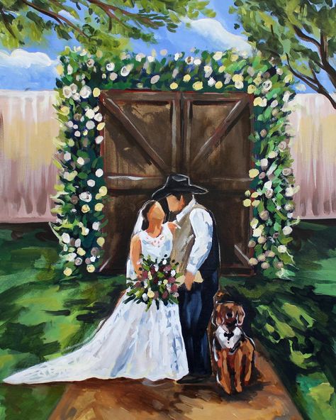 A Country wedding in Carlsbad, New Mexico ✨🤠 T + R wanted their first kiss painted in front of the custom barn doors that dad made for their special day & their pup of course 🐶🤍 This live wedding painting was done with fluid acrylics on an 18”x 24” canvas Photos by the talented @morevananything Painting Couple Ideas, Carlsbad New Mexico, Canvas Photos, Live Wedding Painting, Painting Couple, A Country Wedding, Kiss Painting, Custom Barn Doors, Couple Ideas