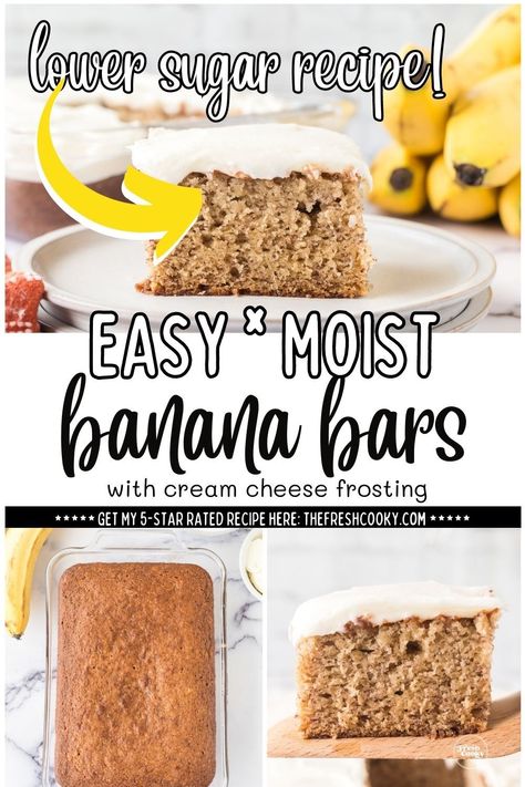 Dive into a world of heavenly sweetness with these delectable banana bars, generously frosted with a velvety cream cheese topping. Whether you're baking at high altitude or following a sugar-free or gluten-free diet, this recipe has got you covered! Get ready to satisfy your cravings. Recipe via @thefreshcooky #bananabars #creamcheesefrosting Easy Banana Bars, Banana Bars Recipe, Best Ever Banana Cake, Banana Cake Recipe Easy, White Hot Chocolate Recipe, Bars With Cream Cheese Frosting, Bars With Cream Cheese, Dessert Breads, Chocolate Chip Pudding Cookies