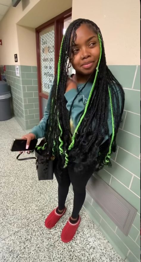 Neon Green Knotless Braids, Melanin Hairstyles, Green Braids, Peekaboo Hair Colors, Braids Color, Color For Black Hair, Pretty Braids, Braided Hairstyles For Black Women Cornrows, Peekaboo Hair