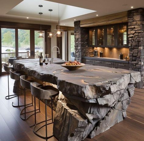 Stone On Island Kitchen, Island Kitchen Table Ideas, Rock Outdoor Kitchen, Natural Stone Kitchen Island, Luxury Farmhouse Kitchen Design, Rock In Kitchen, Stone Kitchen Island Ideas, Luxury Kitchen Island Design, Stone Island Kitchen