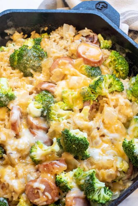 One-Pot Cheesy Kielbasa, Broccoli, and Rice - Served From Scratch Kielbasa Broccoli, Cheesy Kielbasa, Broccoli And Rice, Broccoli Bake, Mexican Street Corn Salad, Mexican Street Food, Broccoli Rice, Apple Fritters, Kielbasa