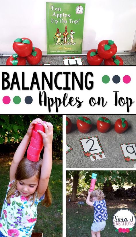 A cute way to tie in Ten Apples Up on Top with some gross motor and balance practice for preschoolers! Balancing apples plus a free appleseed counting activity is perfect for young kids to try in the fall. Apple Movement Activities Preschool, Fall Gross Motor Activities Preschool, Apple Tree Activity, Balance Practice, Ten Apples Up On Top, Apple Lessons, Gross Motor Activity, Apple Preschool, Apple Unit