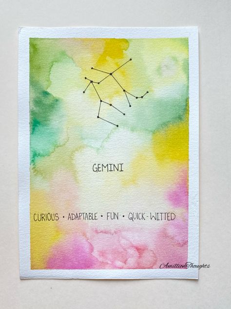 Watercolour hand painted Gemini Zodiac card with their star constellation and personality traits. Gemini Painting, Zodiac Artwork, Zodiac Cards, Star Constellation, Art Moon, Star Constellations, Craft Night, Gemini Zodiac, Personality Traits