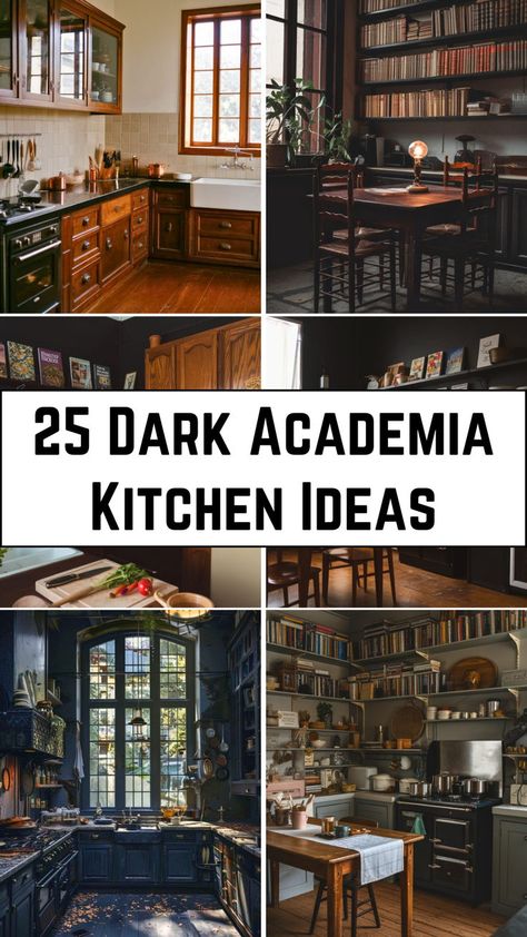 A beautifully styled Dark Academia kitchen featuring dark wood cabinetry, vintage books, and elegant decor. Academia Kitchen, Dark Academia Kitchen, Moody Kitchen, Modern Appliances, Gothic Romance, Reading Nooks, Cozy Reading Nook, Kitchen Tops, Cozy Reading