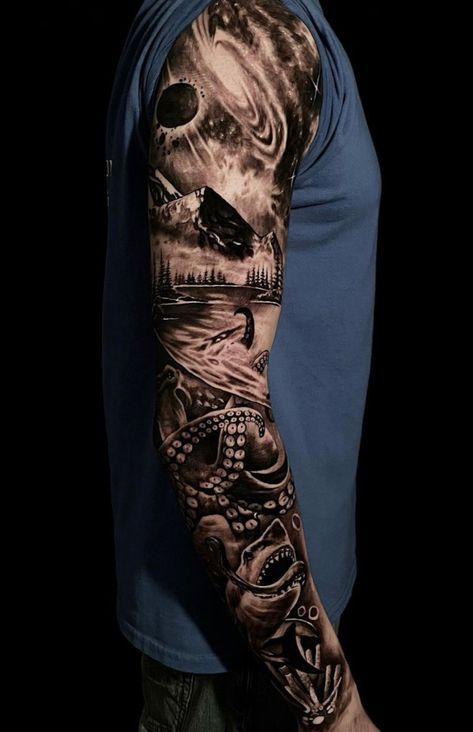 Ny Giants Tattoo, Ocean And Space Tattoo, Space Arm Tattoo, Galaxy Sleeve, Chest Tattoo Sketches, Ship Tattoo Sleeves, Galaxy Tattoo Sleeve, Space Tattoo Sleeve, Ocean Sleeve Tattoos