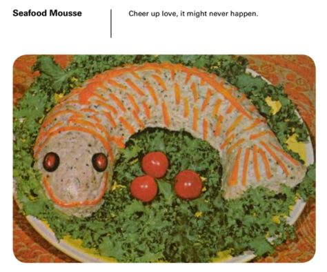 And this beautiful but terrifying fishy mousse. | 18 Absolutely Wild Recipes From The 1970s 70s Dinner Party, 70s Food, Ugly Food, Gross Food, Bizarre Foods, 70s Party, Unflavored Gelatin, Dinner Party Recipes, Old Fashioned Recipes