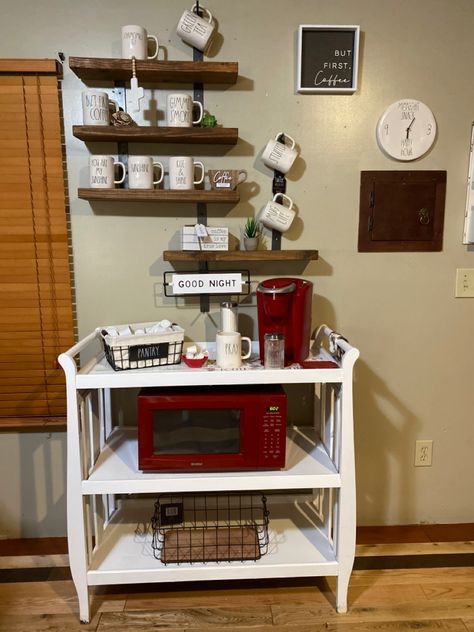 Changing Table Coffee Bar, Changing Table Repurpose Coffee Bar, Diy Coffe Bar, Repurposed Coffee Bar, Changing Table Repurpose, Crib Ideas, 3 Shelf Bookcase, Diy Coffee Bar, Upcycled Furniture Diy