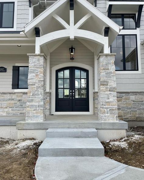 Bickimer Homes on Instagram: "Stately beauty. Craftsman elevation with lap siding, shake shingle, board batten and natural stone. Love the combination of materials!" Exterior House Color With Stone, House Paint Exterior With Stone, White House With Stone Veneer, Stone With Board And Batten Exterior, Desert Stone Lp Smart Siding, Batanes Houses, Partial Stone House Exterior, Stone And Hardie Board Exterior, Stack Stone Exterior House