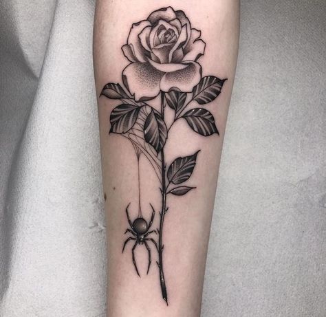 Flower With Spider Tattoo, Rose With Spider Tattoo, Rose Stem Tattoo, Thorn Tattoo, Rose Tattoo On Arm, Rose Tattoo Sleeve, Rose Tattoos For Women, Tattoo Practice, Web Tattoo