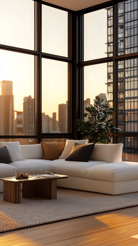 Modern high-rise apartment with full-length windows displaying views of the cityscape. Windows With A View, High Rise Apartment Aesthetic, Apartment High Rise, High Rise Apartment, Miami Apartment, High Rise Apartments, Corner Window, Modern Ideas, Skyline View