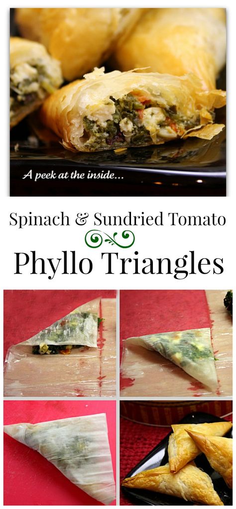 Spinach and Sun-dried Tomato Filled Phyllo Triangle appetizers recipe Pillsbury Ideas, Spanakopita Triangles, Greek Appetizer, Phyllo Recipes, Chicken Soups, Pillsbury Crescent, Awesome Appetizers, Creamy Feta, Spinach Feta