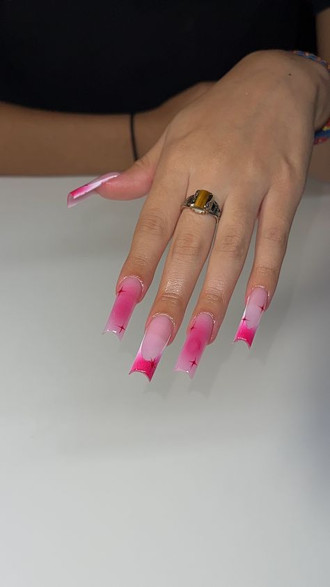 Pink Birthday Nails Square, Pink Airbrush Nails, Airbrush Nails, Colored Acrylic Nails, French Tip Acrylic Nails, Long Acrylic Nails Coffin, Acrylic Nails Coffin Pink, Unique Acrylic Nails, Nails Only