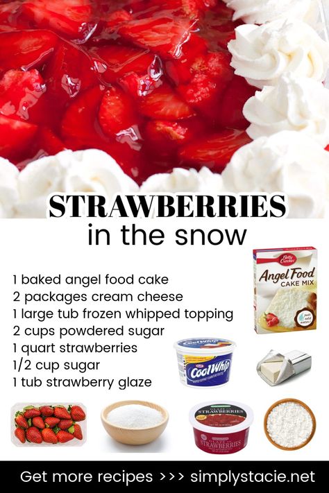 STRAWBERRIES IN THE SNOW... - Southern Home Cookin' Recipes | Facebook Strawberries In The Snow Recipe, Strawberries In The Snow, Cool Whip Pies, Blondie Dessert, Strawberry Angel Food Cake, Snow Recipe, Strawberry Roll Cake, Pineapple Desserts, Angel Food Cake Mix Recipes