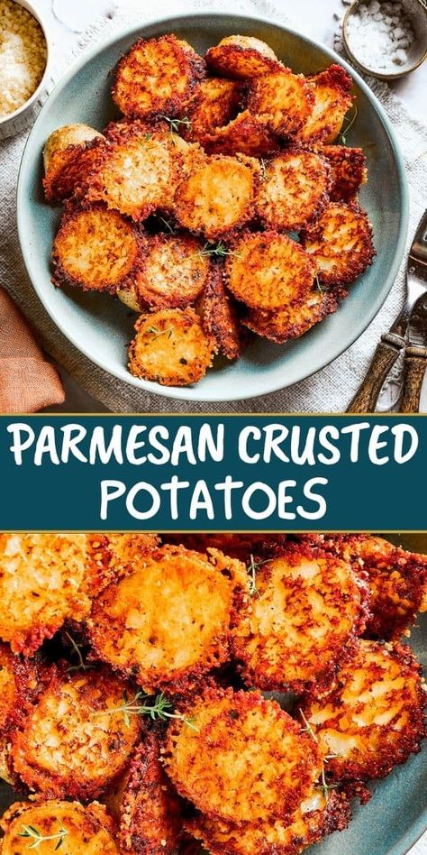 TikTok's obsession with Parmesan-Crusted Potatoes is about to become your obsession, and for good reason! These tender potatoes with a crunchy, cheesy crust are the easiest, tastiest side dish you'll ever make. Cheesy Parmesan Potatoes, Crunchy Cheesy Potatoes, Roast Parmesan Potatoes, Potatoe Crisp Recipe, Crispy Crunchy Parmesan Potatoes Recipe, Good Sides With Pork Chops, Sweet Potato Parmesan Recipes, Roasted Parm Potatoes, Small Dishes Food