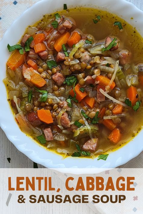 Hearty and comforting, Lentil, Cabbage and Sausage Soup is best enjoyed on those days you need a hug in a mug! #lentils #lentilsoup #sausagesoup #cabbagesoup #canadianlentils via @Bakersbeans Cabbage Lentil, Cabbage And Sausage Soup, Lentil Sausage, Polish Sausage Recipes, Lentils And Sausage, Lentil Sausage Soup, Fiber Recipes, Stews Recipes, A Hug In A Mug