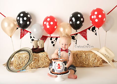 Barn Birthday Party, Fabric Pennant Banner, Cowboy Cake, Cow Print Fabric, Cowboy Cakes, Cow Birthday Parties, Farm Animals Birthday Party, Farm Themed Birthday Party, 1st Birthday Pictures