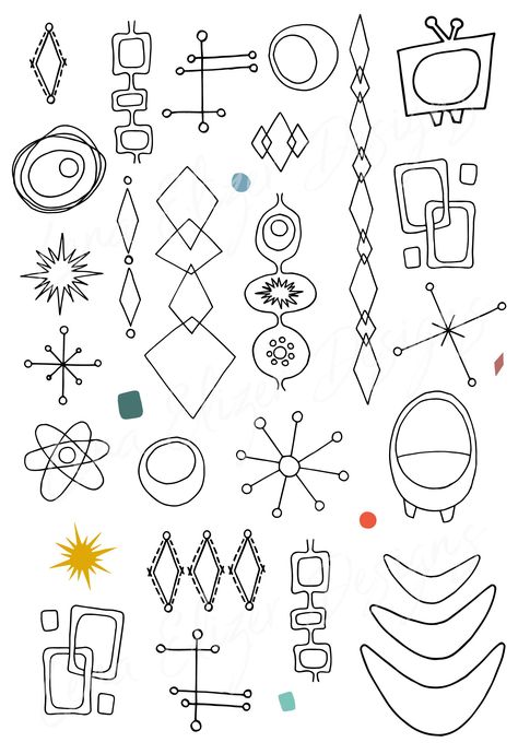 Retro Vector Shapes by HeyLenaDesigns on @creativemarket Retro Futurism Drawing, 50s Doodles, Retro Aesthetic Design, Mid Century Shapes, Mid Century Modern Shapes, Retro Futurism Tattoo, 70s Shapes, Mid Century Tattoo, Shape Doodles