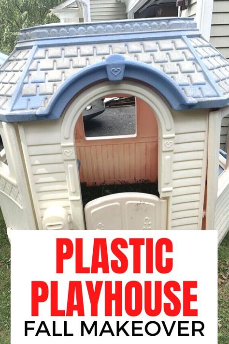 Give your old plastic little tikes playhouse a fall update. Check out the before and after of this outdoor playhouse upcycle on a budget. #hometalk Plastic Playhouse Makeover, Kids Playhouse Makeover, Plastic Playhouse, Playhouse Makeover, Faux Marble Countertop, Upcycle Kids, Outdoor Playhouse, Farmhouse Style Bedrooms, Fresh Farmhouse