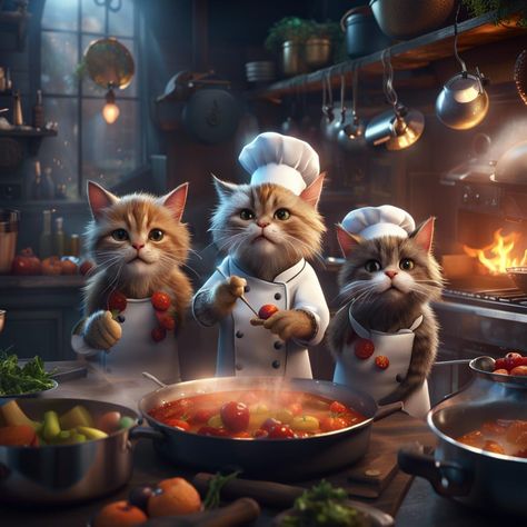 #cat #cats #cook #chef #food #fluffy #fire #hot #work #pot #tomato #oven #stove #restaurant #cute #veggies #illustration #green #red #white Chef Attire, Chef Cat, Master Chef, The Master, The Kitchen, Feline, Chef, Oil Painting, Resolution