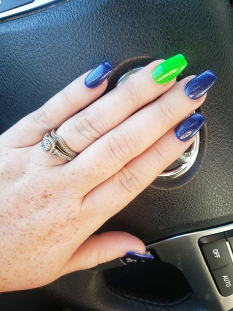 Navy Blue And Neon Green Nails, Navy Blue And Green Nails, Navy Nail Polish, Seahawks Nails, Lime Green Nails, Navy Nails, Neon Green Nails, Green Acrylic Nails, Get Nails