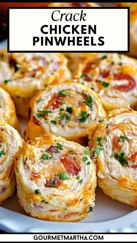 These Easy Crack Chicken Pinwheels are a crowd favorite, bursting with creamy cheese, ranch seasoning, crispy bacon, and tender chicken. Whether for a party, picnic, or quick snack, these bite-sized pinwheels deliver bold flavor in every bite. Serve them up for an effortless and irresistible treat! #Hashtags #CrackChickenPinwheels #ChickenPinwheels #EasyAppetizers #PartyFood #BiteSizedSnacks #RanchChicken #BaconLovers #PinwheelRecipe #QuickAndEasy Chicken Ceasar Pinwheel, Rotisserie Chicken Pinwheels, Make Ahead Chicken Appetizers, Can Chicken Appetizer Recipes, Tailgate Pinwheels, Chicken Bacon Ranch Wonton Cups, Shredded Chicken Appetizers Easy, Pinwheels Appetizers Baked, Shredded Chicken Appetizer Recipes