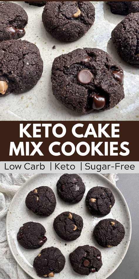 Images of keto chocolate cake mix cookie on a plate and close up with sugar-free chocolate chips Keto Box Cake Mix Recipes, Keto Cake Mix Recipe, Keto Cake Mix Cookies, Sugar Free Cake Mix Cookies, Chocolate Cake Mix Recipes, Sugar Free Desserts Easy, Sugar Free Frosting, Craving Chocolate, Cake Box Cookies