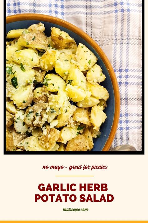 Looking for something new for your summer cookout? Say goodbye to traditional potato salad and try our Herb Garlic Potato Salad. It's packed with fresh herbs, garlic, and a tangy dressing that will have your guests coming back for seconds. picnic recipes | cookout recipes | summer side dishes Picnic Potatoes Side Dishes, Picnic Potatoes, Potatoes Side Dishes, Garlic Potato Salad, Recipe Side Dishes, Traditional Potato Salad, Cookout Recipes, Southern Style Potato Salad, Picnic Sandwiches