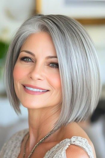 Save this pin for the best gray bob hairstyles for older women. Gray hair shines beautifully with this smooth, straight style. This sleek bob adds definition to the jawline and cheekbones. Grey Bob With Bangs, Gray Bob Hairstyles, Gray Bob, Haircut Gray Hair, Grey Hair With Bangs, Bang Hair, Grey Bob Hairstyles, Grey Bob, Line Bob Haircut