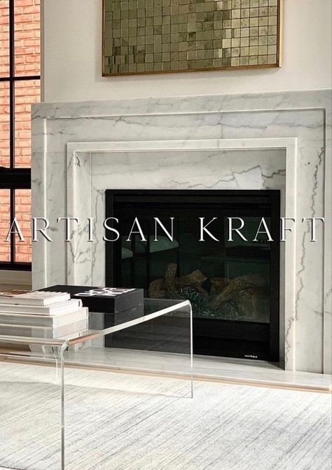 Modern Marble Fireplace Mantel by Artisan Kraft. Contemporary Marble Fireplace, Marble Fireplace Surround Ideas, Marble Mantel Fireplace, Stone Cast Fireplace, Marble Surround Fireplace, Quartzite Fireplace Surround, Fluted Marble Fireplace, Marble Tile Fireplace Surround, Modern Contemporary Fireplace