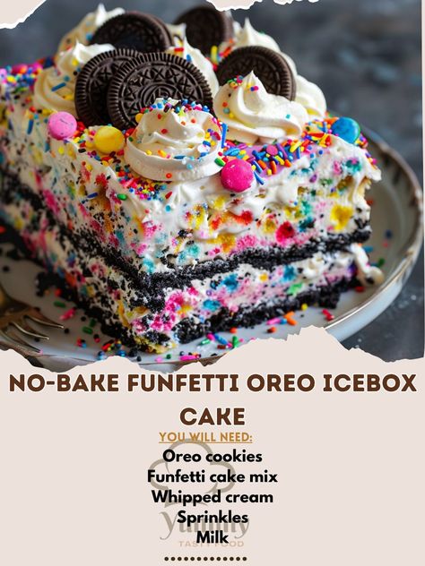 🎉 Dive into delight with our No-Bake Funfetti Oreo Icebox Cake! It's the perfect party treat. 🍽️ No-Bake Funfetti Oreo Icebox Cake 🛒 Ingredients: Oreo cookies: 25 cookies Funfetti cake mix: 1 cup Whipped cream: 3 cups Sprinkles: 1/2 cup Milk: 1 cup Vanilla extract: 1 tsp 👩‍🍳 Instructions: Layer Oreos: Dip Oreos in milk, line a dish. Funfetti Mix: Combine cake mix, whipped cream, and vanilla. Assemble: Layer cream mix on Oreos, repeat, top with sprinkles. Chill: Refrigerate 4 hours. 🌈 Cele... No Bake Funfetti Oreo Icebox Cake, Oreo Funfetti Cake, Dip Oreos, Cookies Funfetti, Funfetti Oreo, Combine Cake, No Bake Oreo Dessert, Oreo Icebox Cake, Funfetti Cake Mix