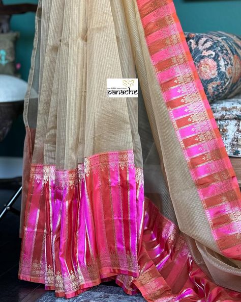 A statement saree indeed! Stunning handwoven Organza by Katan Silk Banarasi with striking rangkat Kadwa borders and brocade blouse piece (unstitched). Body is in checkered style with golden Zari. #panachethedesicreations #organzabanarasi #organzasaree #kadwa #handwoven #indiantextiles #iwearhandloom #rangkat #instasaree #sareesusa Banaras Sarees, Brocade Blouse, Brocade Blouses, Organza Sarees, Indian Textiles, Katan Silk, Organza Saree, Blouse Piece, Borders