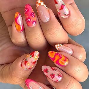 Strawberry Nail Art, Oval Acrylic Nails, Long Press On Nails, Almond Acrylic Nails, Stick On Nails, Nail Designs Summer, Artificial Nails, Nail Trends, False Nails