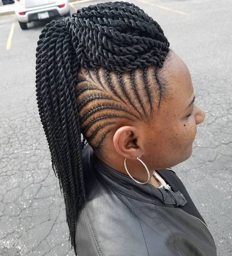 Black Mohawk From Twists Mohawk Crochet Hairstyles, Crochet Hairstyles Black Women, Crochet Mohawk Hairstyle, Weave Cornrows, Kids Goddess Braids, Black Hairstyles Crochet, Braids Mohawk, Crochet Mohawk, Hairstyles Mohawk