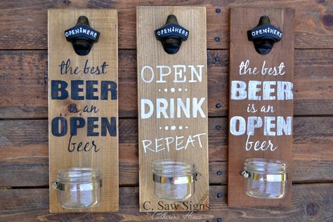 Bar Open Sign, Beer Opener Wood, Beer Opener Sign, Diy Wooden Signs, Woods Tattoo, Crafts Wall Decor, Beer Decorations, Wood Bottle Opener, Beer Wood