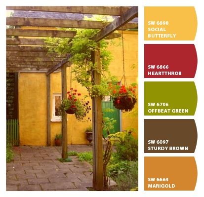 Marigold yellow house - Paint colors from Chip It! by Sherwin-Williams Yellow Shutters, Yellow House Exterior, Exterior House Paint Color, Paint Color Combinations, Exterior House Paint, Townhouse Exterior, House Paint Color Combination, House Exterior Paint, Color Combinations Paint