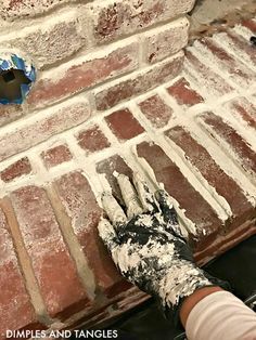 Mortar Wash Brick Fireplace, Mortar Wash Brick, Wash Brick Fireplace, Mortar Wash, White Wash Brick Fireplace, Dimples And Tangles, Fireplace Redo, Fireplace Update, White Wash Brick