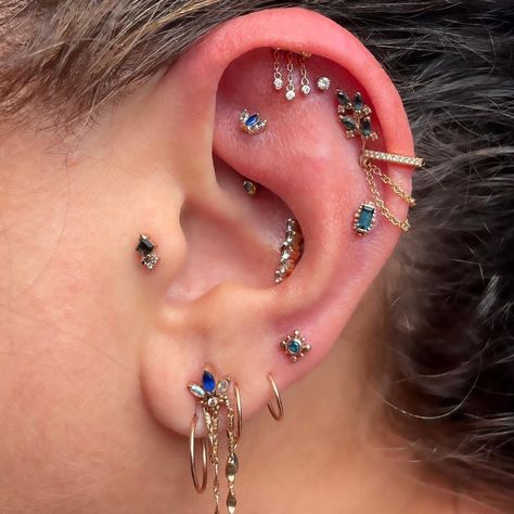 Loran Shumway on Instagram: “Lisa’s other ear is coming along very nicely! We just added this Rose Gold Delilah dangle from @junipurrjewelry to the very top of her ear…” Piercing Cartilage, Ear Peircings, Types Of Ear Piercings, Piercings For Girls, Multiple Ear Piercings, Cool Ear Piercings, Pretty Ear Piercings, Cute Ear Piercings, Cool Piercings