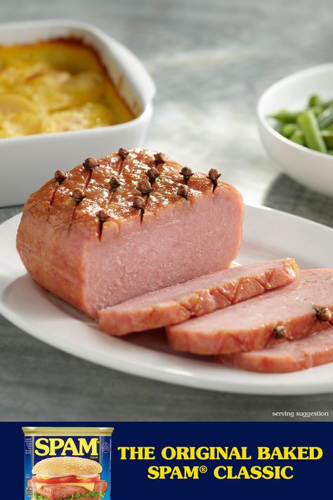 Baked Spam Recipes, Baked Spam Oven, Glazed Spam, Baked Spam, Boneless Pork Loin Chop Recipes, Spam Recipes Dinners, Cloves Recipes, Pork Loin Chops Recipes, Ono Kine Recipes