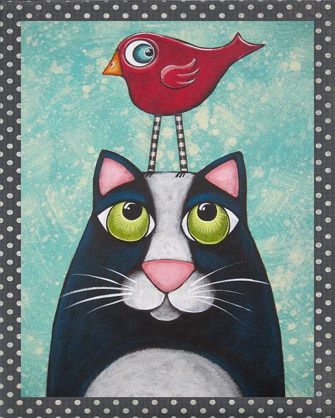 bird on cat - cute! Folk Art Cat, Arte Folk, Cat Bird, Cat Quilt, Whimsical Cats, Pola Sulam, Key Hanger, Art Cat, Art Et Illustration